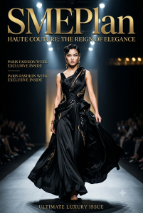 A luxurious high-fashion magazine cover, titled “SMEPlan”,